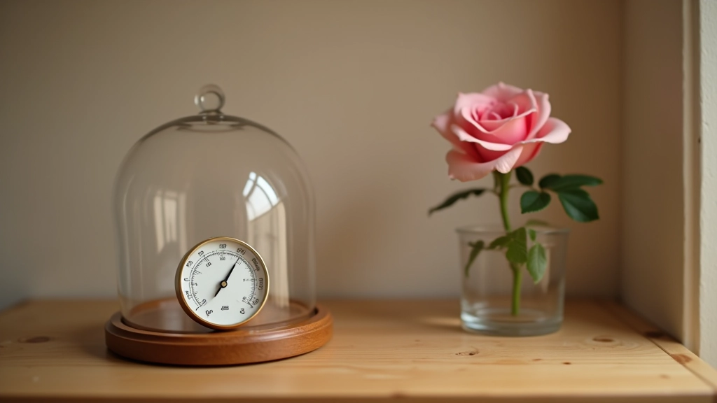 Hygrometer showing comfortable humidity levels on a shelf next to a preserved rose dome display