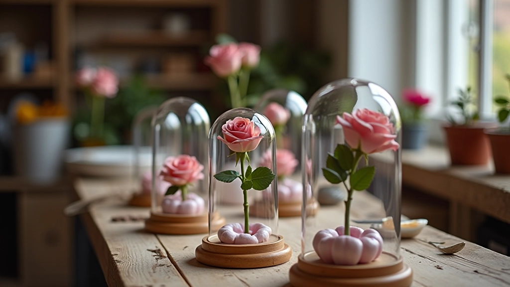 Our craft workspace showing preserved roses being prepared