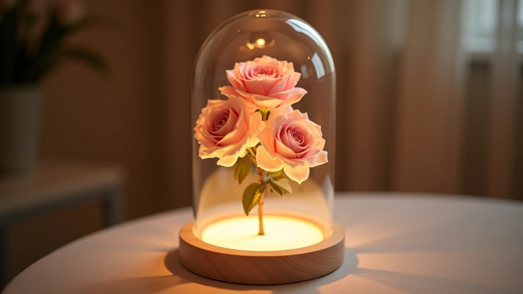 Blush pink and cream preserved roses in dome arrangement with LED light base
