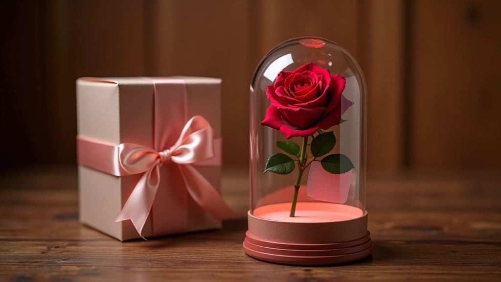 Gift-wrapped preserved rose dome package with elegant ribbon and card