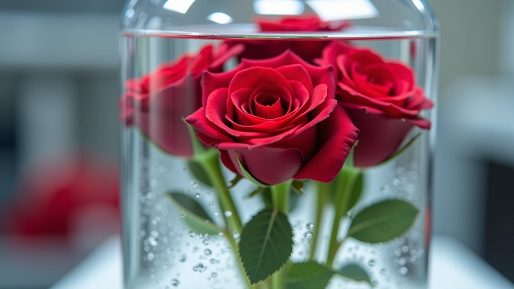 Cross-section illustration showing glycerin molecules replacing water in rose petal cellular structure, scientific diagram style with labels