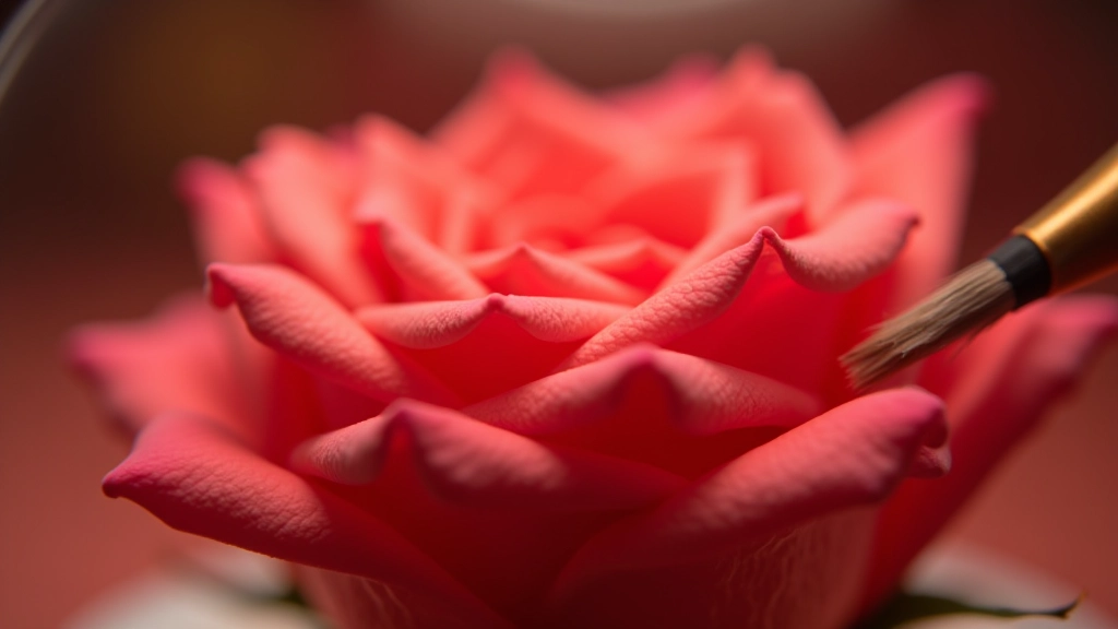 Soft brush gently cleaning preserved rose petals, close-up detail shot