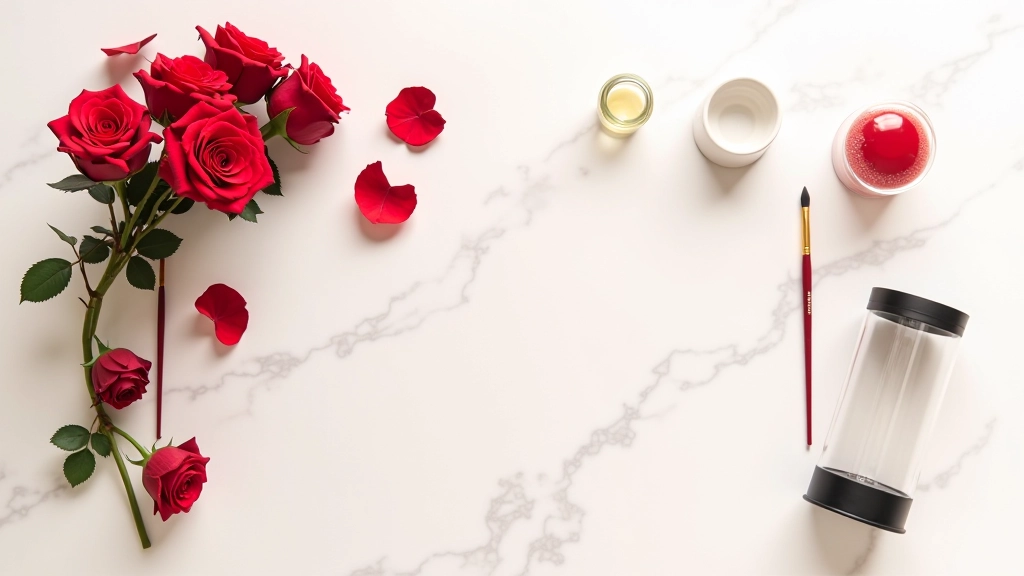Step-by-step process of rose preservation showing fresh rose, glycerin solution treatment, dye application, and final dome assembly in sequence