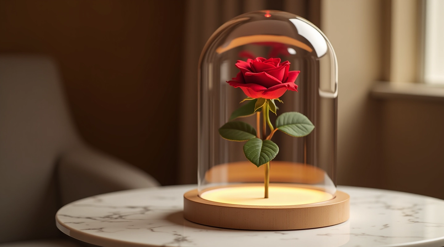 Elegant preserved rose in glass dome with LED light base showcasing long-lasting beauty
