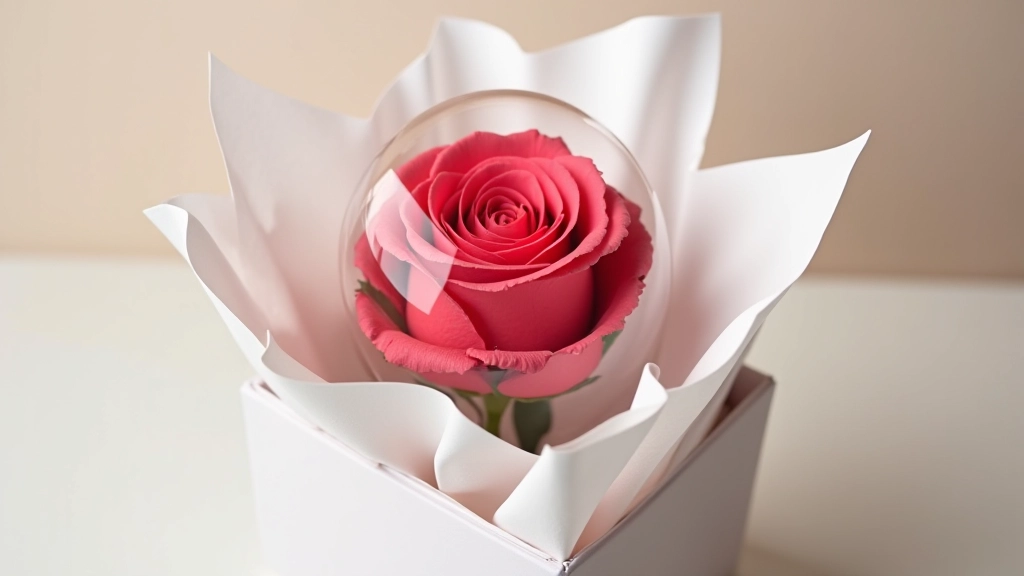 Preserved rose dome packed carefully in a storage box with protective tissue paper for long-term storage