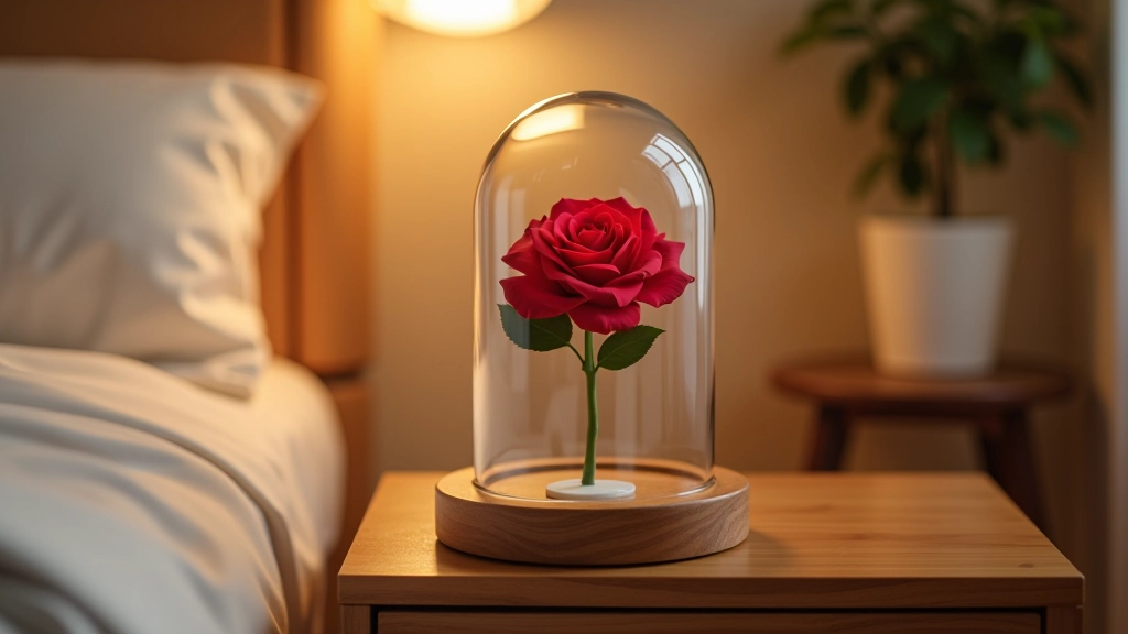 Preserved rose dome with wooden base in bedroom nightstand setting, warm ambient lighting creating evening atmosphere