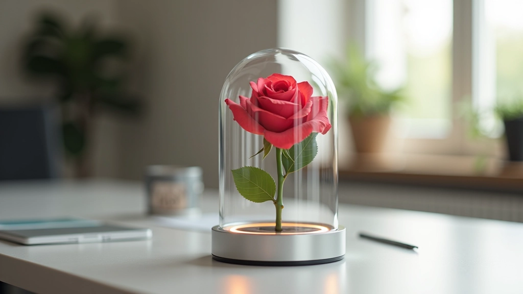 Professional rose dome arrangement with silver base on office desk