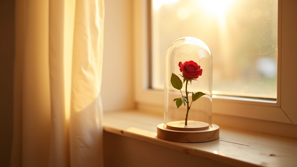 Preserved rose dome positioned on a windowsill with indirect natural light filtering through curtains