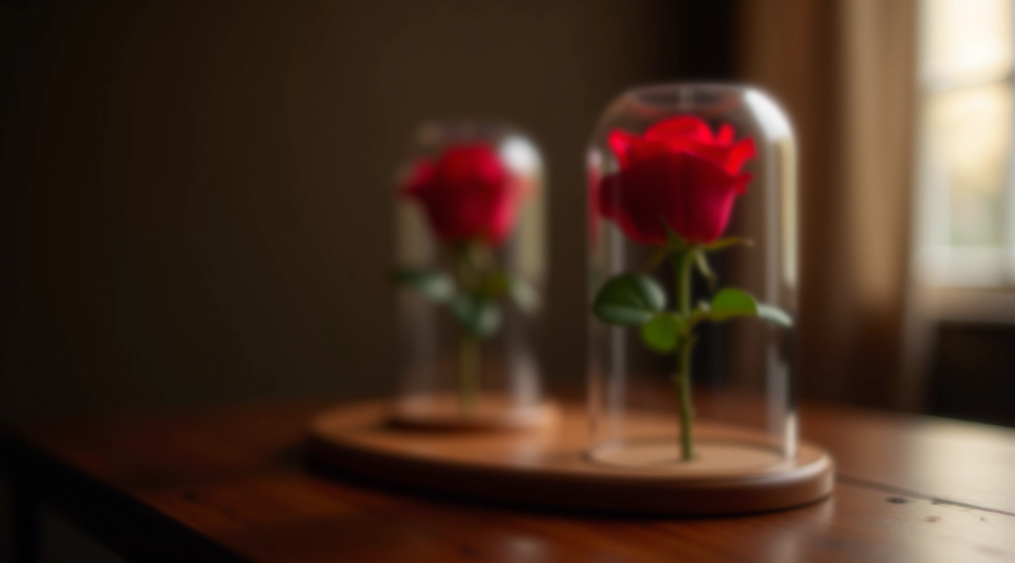 Elegant preserved rose in glass dome with warm LED light on wooden surface