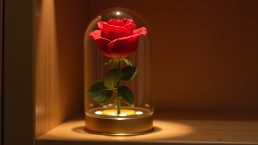 Red preserved rose under clear glass dome with elegant gold base on wooden shelf
