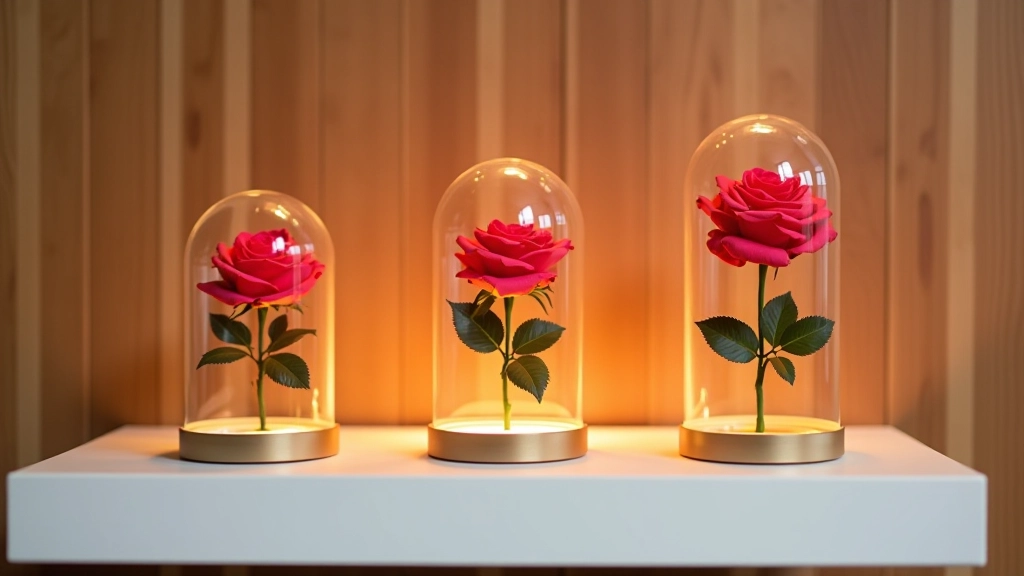 Three different sizes of preserved rose domes displayed on white shelf, showing small, medium, and large scale options side by side
