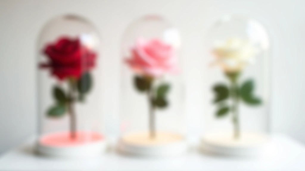 Multiple preserved roses in glass domes arranged together showing different colors and styles